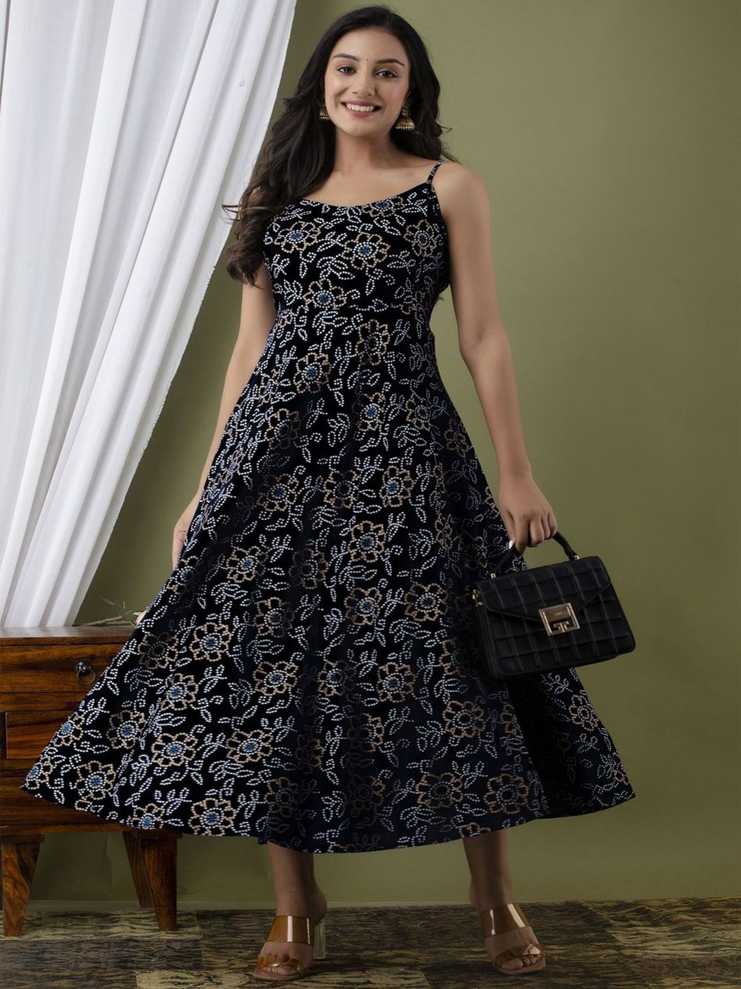 Demirner Floral Print Fit & Flare Midi Dress