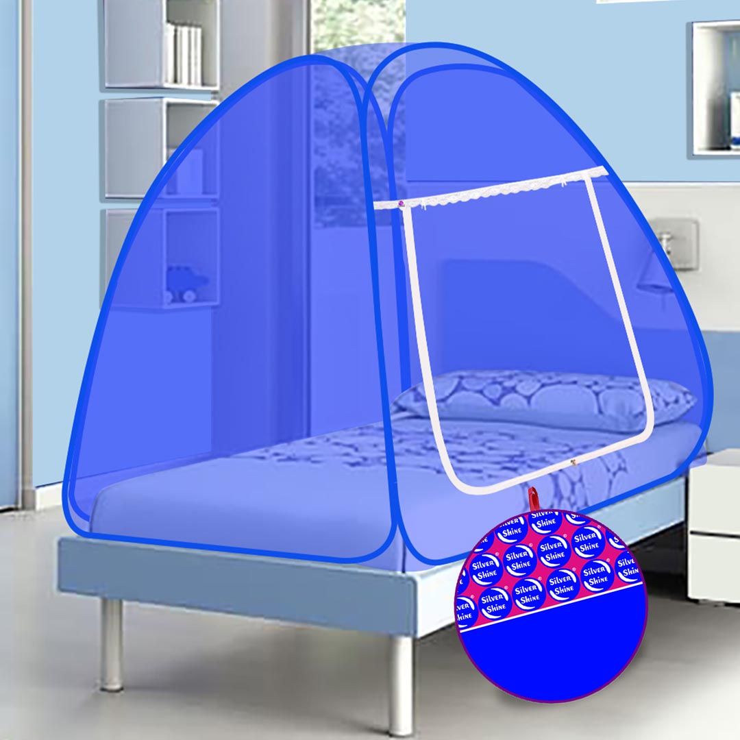 Silver Shine Blue & White Single Bed Foldable Tent Mosquito Net