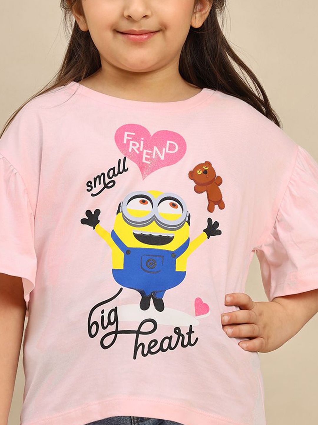 Girls Minions Printed Pure Cotton Round Neck Oversized Fit T-shirt 2