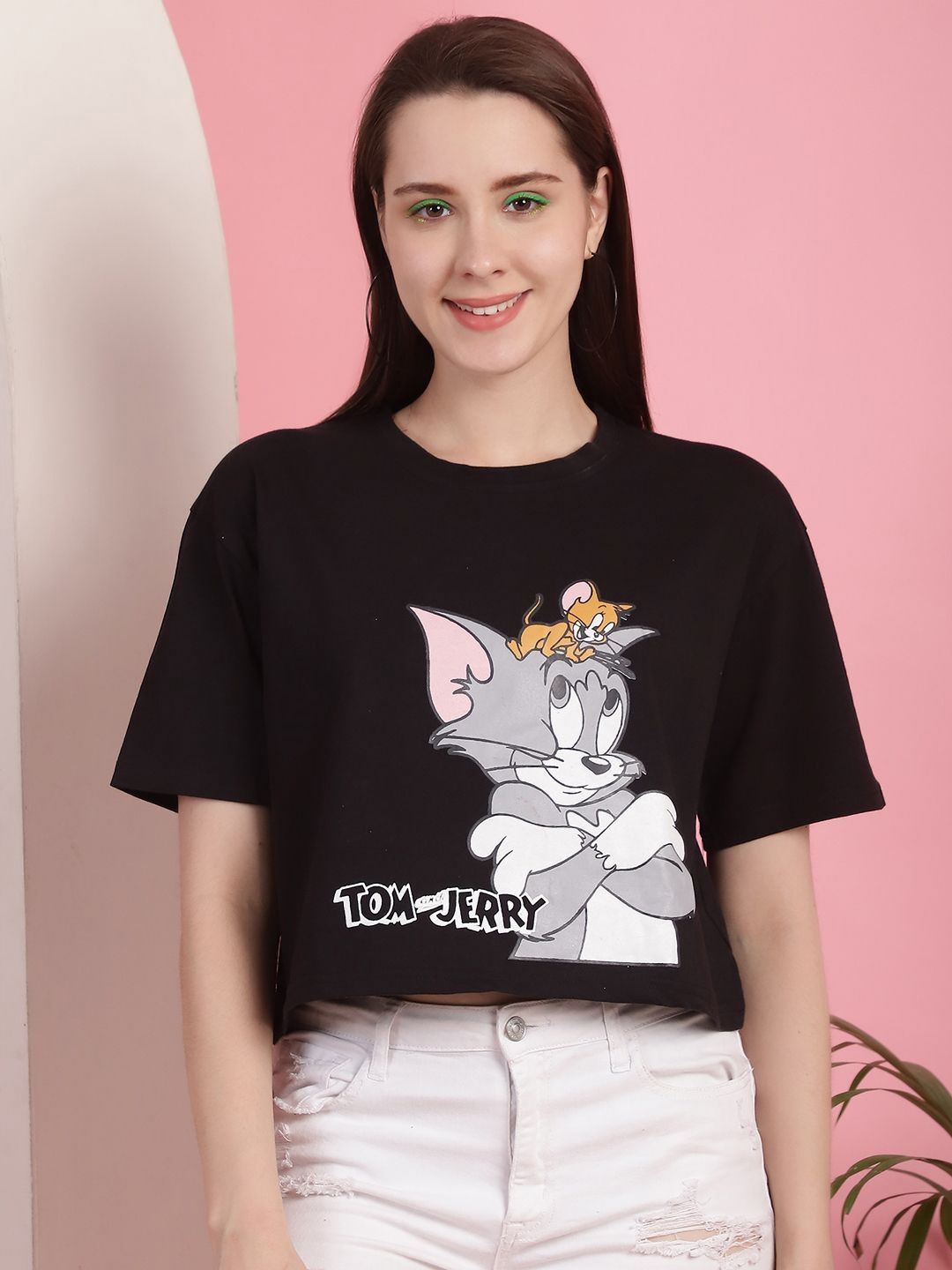 Dreambe Women Tom & Jerry Printed Round Neck Cotton Boxy T-shirt