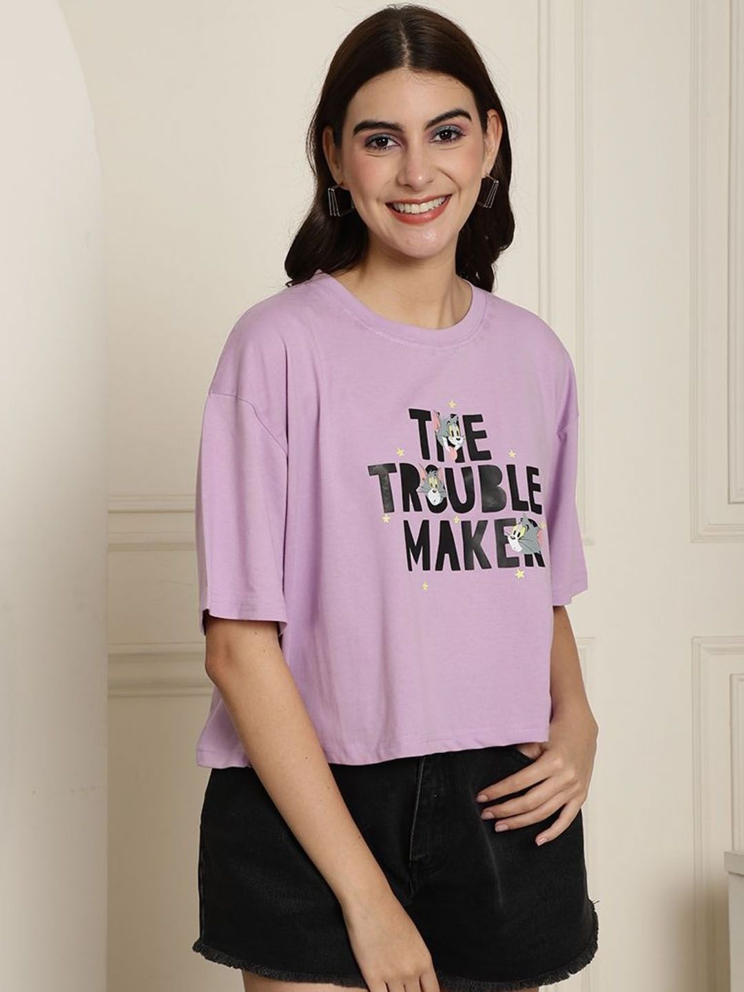 Dreambe Women Tom & Jerry Typography Printed Round Neck Cotton Boxy T-shirt