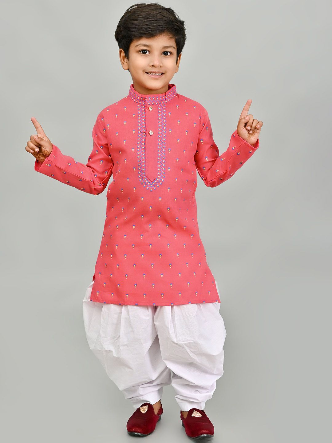 Cae Boys Floral Printed Mandarin Collar Thread Work Straight Kurta With Patiala