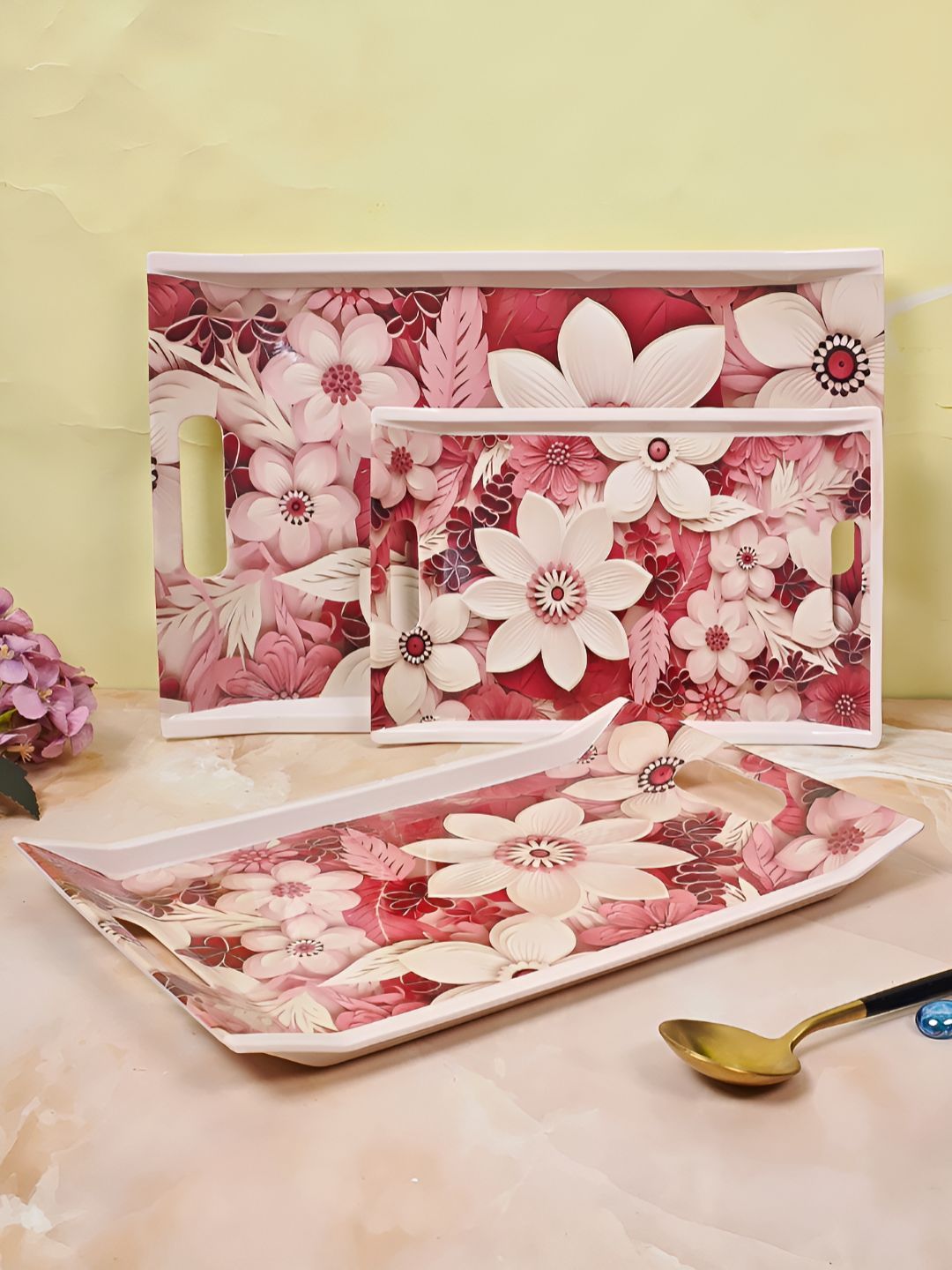 UPC Pink And White 3 Pieces Printed Melamine Dishwasher Safe Serving Tray