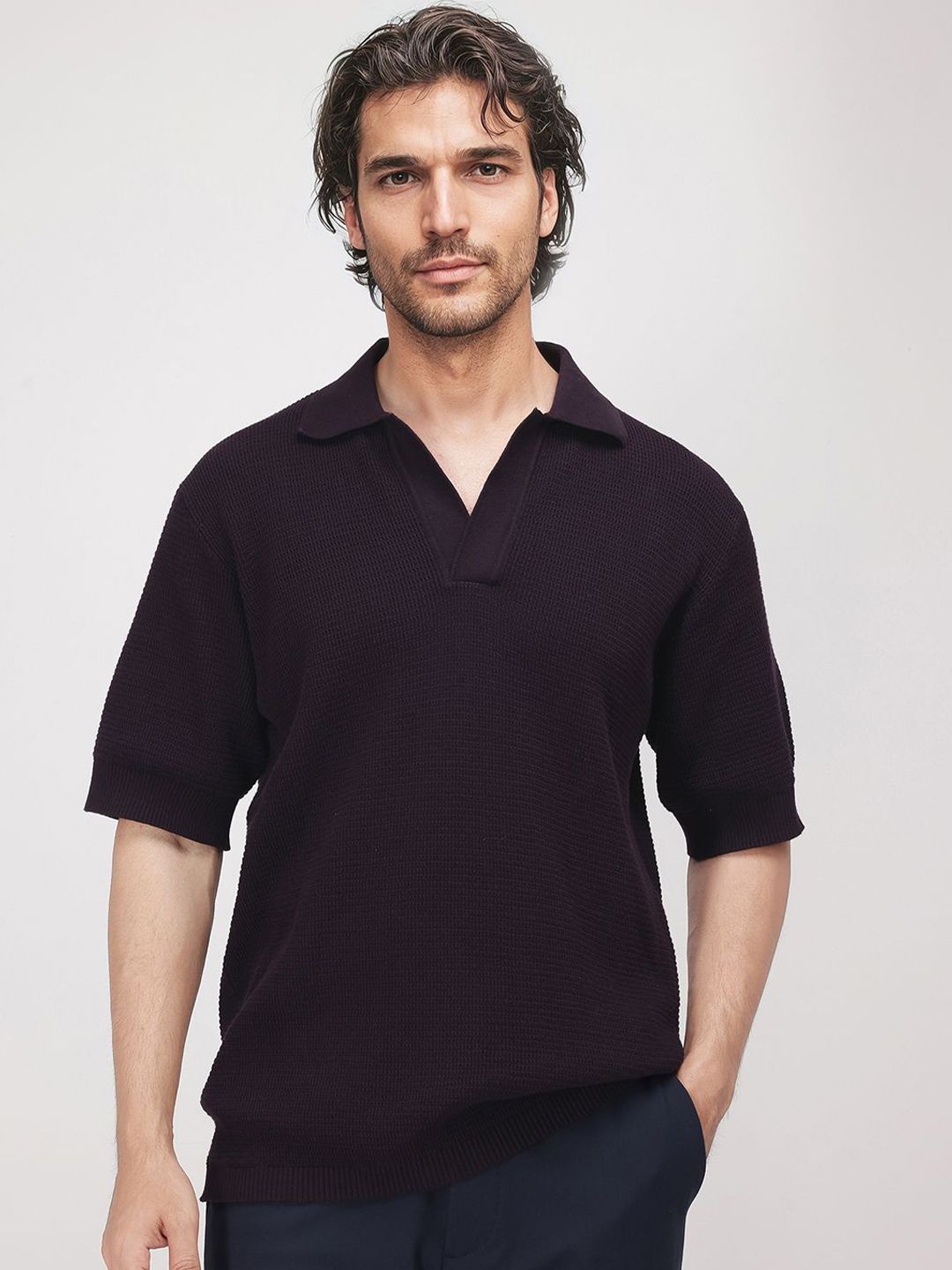 RARE RABBIT Men Textured Spread Collar Half Sleeve Cotton Oversized Fit Polo T-Shirt