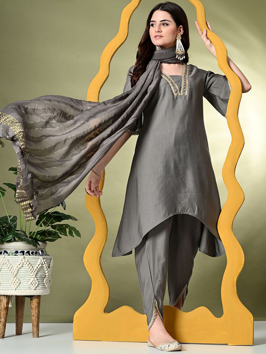 KALINI Floral Yoke Design V-Neck Zari A-Line Kurta with Dhoti Pants & Dupatta