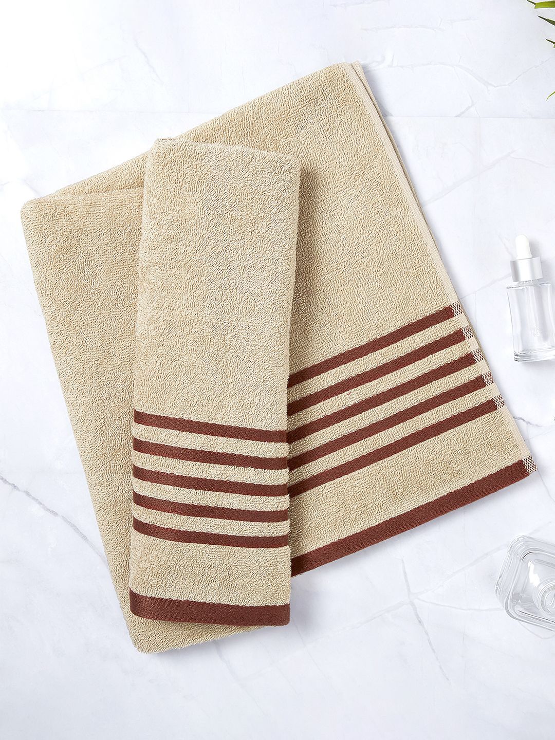 Layers Cream-Coloured & Brown Striped Pure Cotton 380 GSM Bath Towel