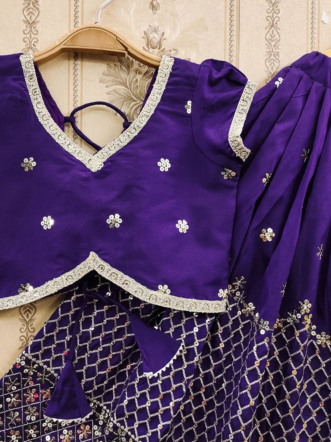 Girls Embroidered Sequinned Foil Print Ready to Wear Lehenga & 3