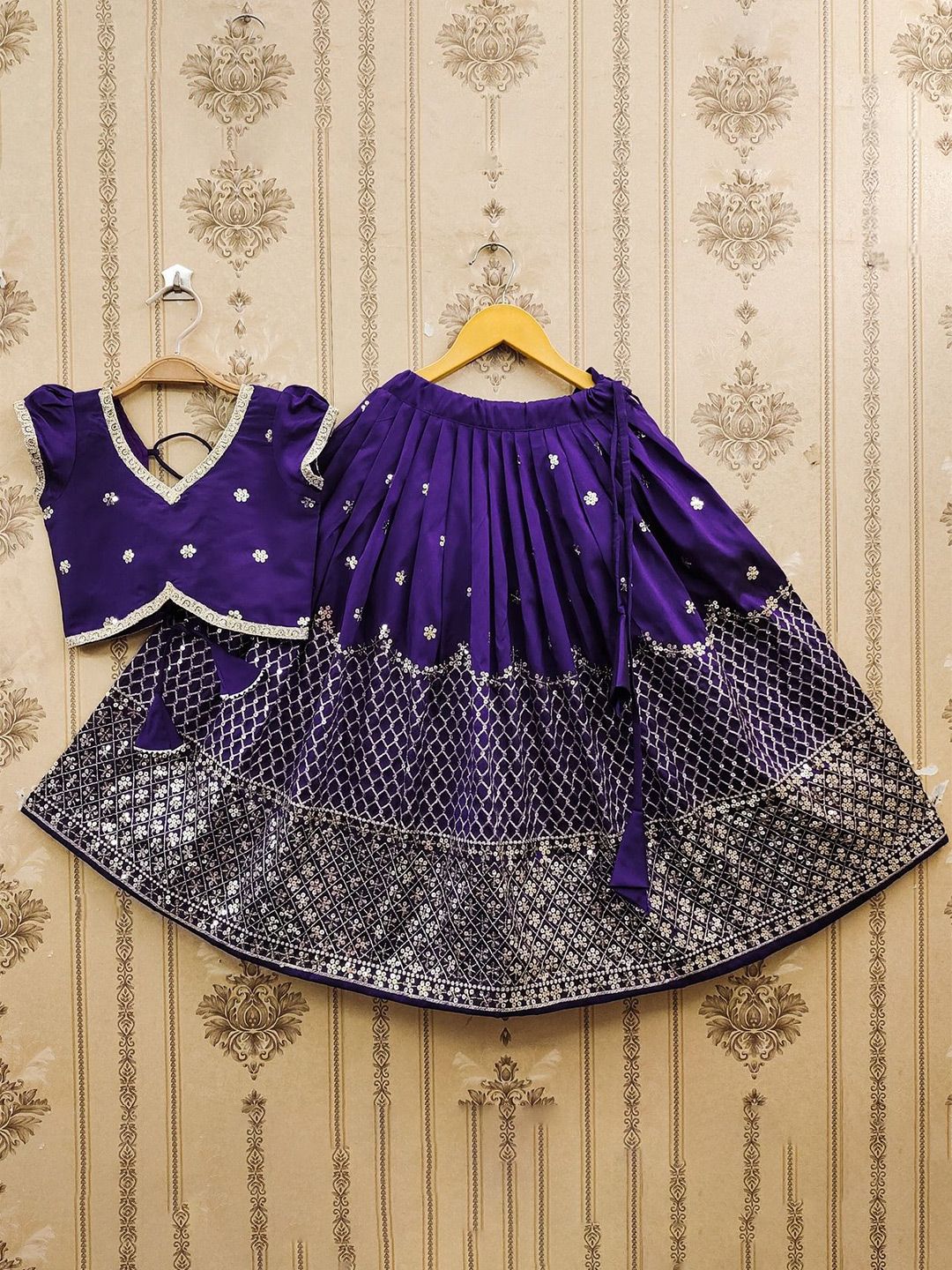 Girls Embroidered Sequinned Foil Print Ready to Wear Lehenga &