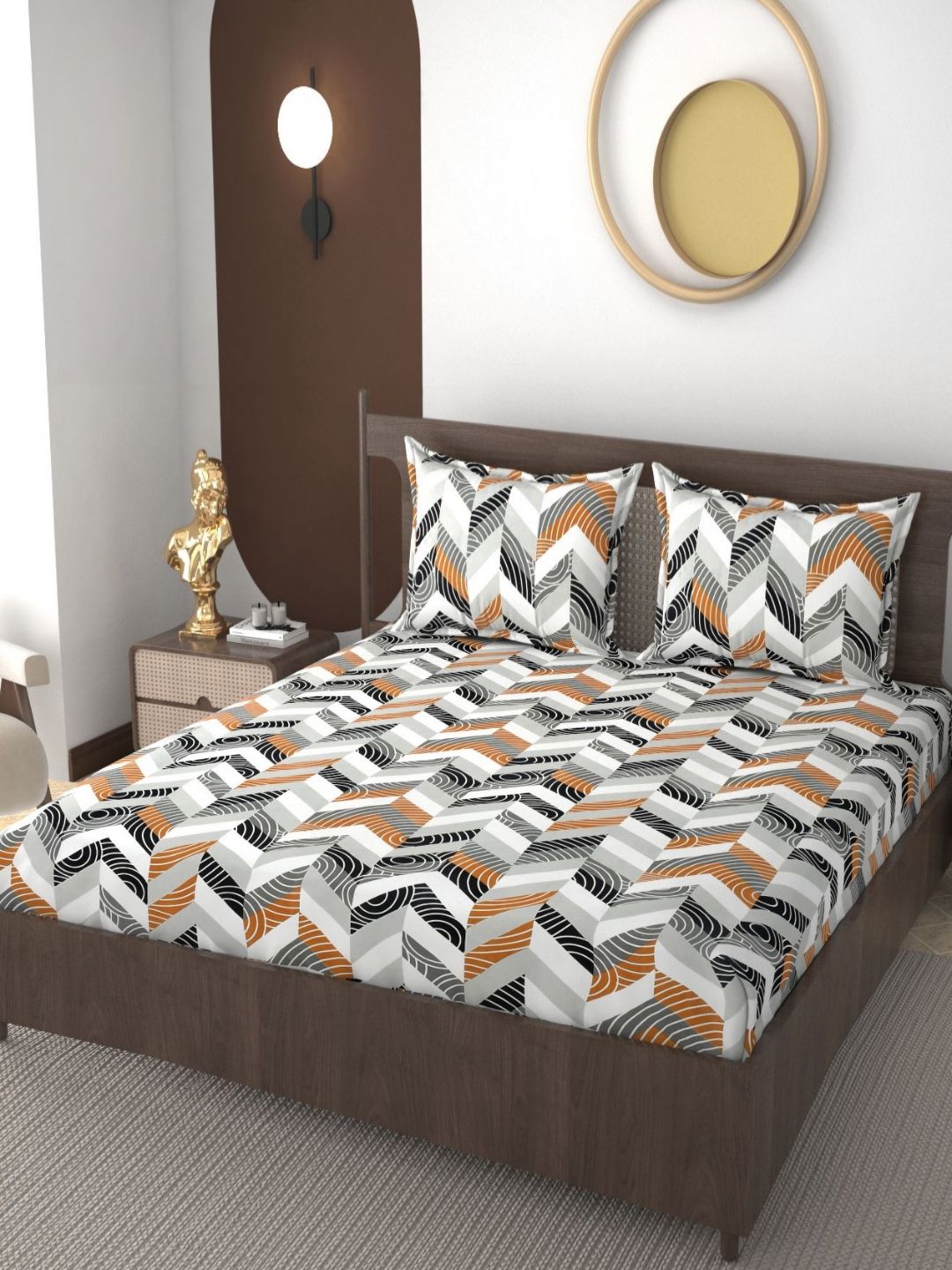 Buy VOMZER Grey Geometric Cotton 210 TC Fitted Queen Superfine Bedsheet With 2 Pillow Covers 72 X 72 Inches -  - Home for Unisex