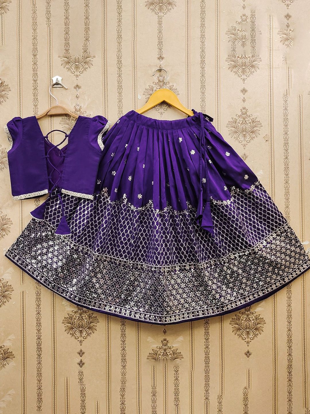 Girls Embroidered Sequinned Foil Print Ready to Wear Lehenga & 2