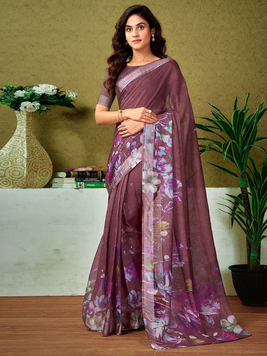 Sangria Floral Printed Pure Linen Ready To Wear Saree With Unstitched Blouse