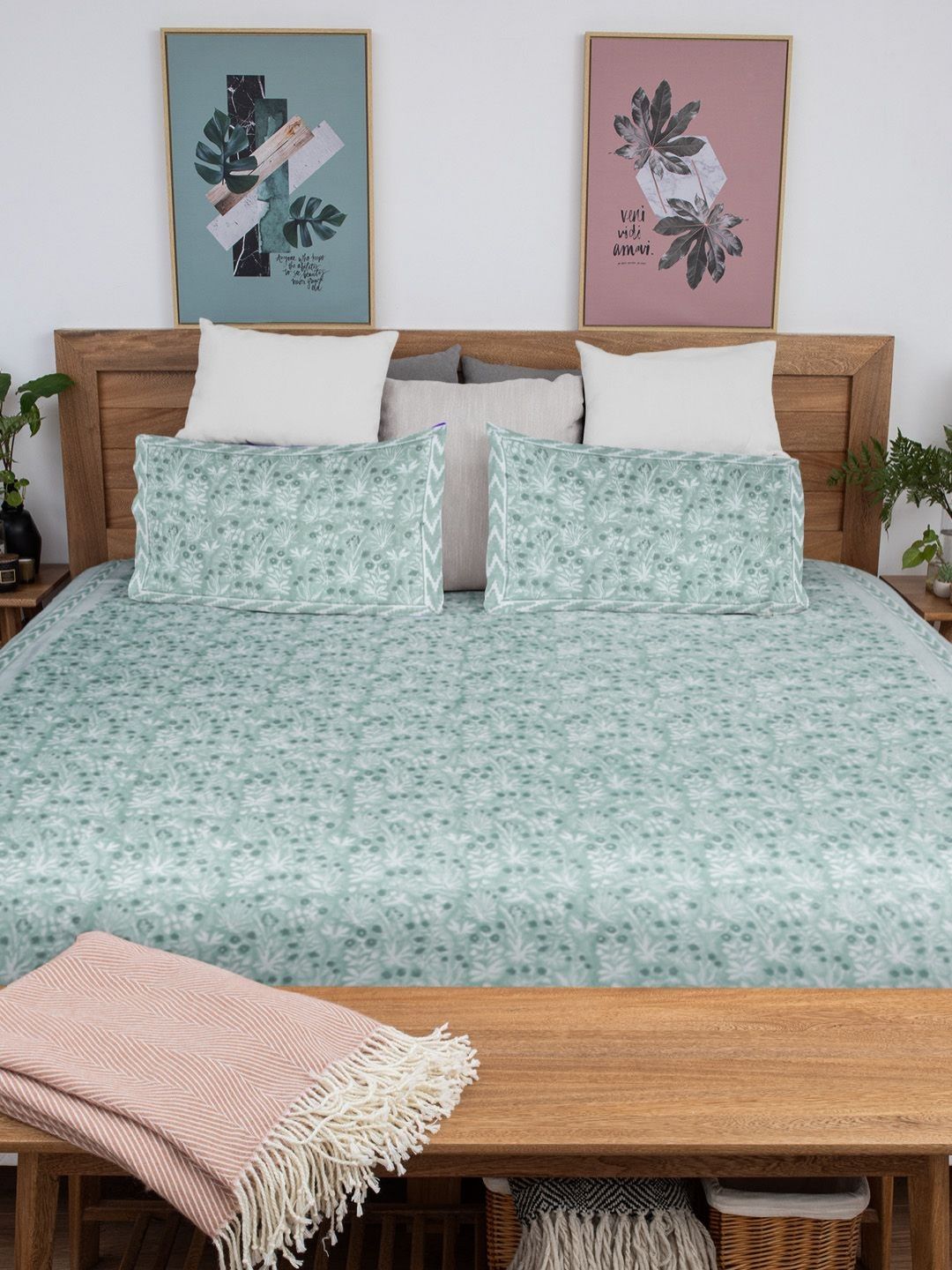 Baarno White Floral Pure Cotton 300 TC King Fine Bedsheet with 2 Pillow Covers-89 x 106 inches
