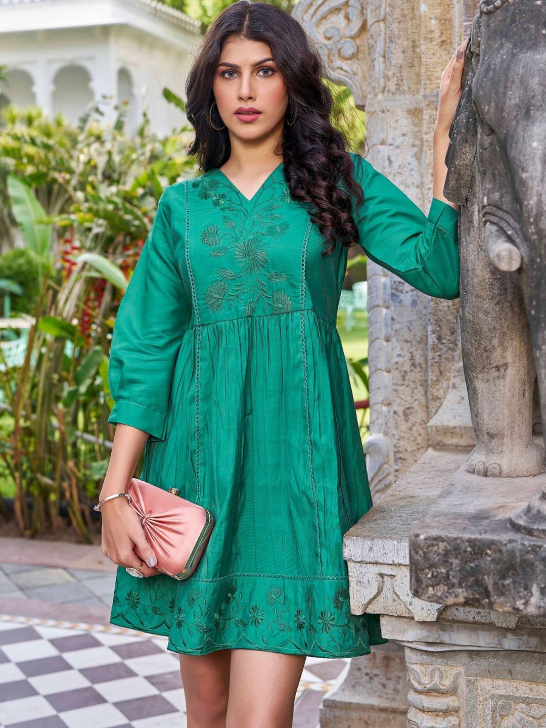 Kesudi Green Floral Embroidered A-Line Mini Dress