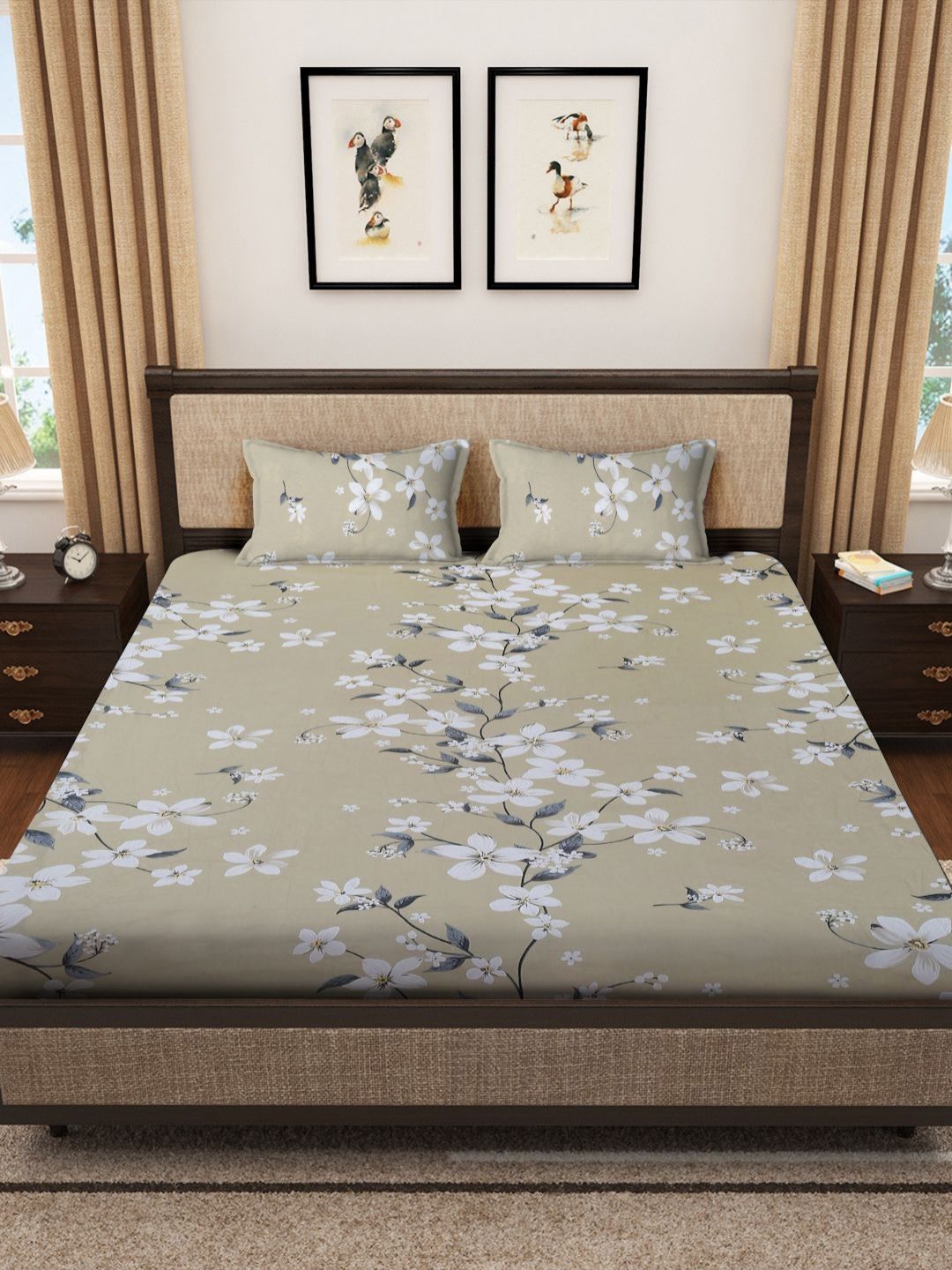 Myntra Elegant Homes Jaipur Beige Floral Cotton 400 TC King Superfine Bedsheet with 2 Pillow Covers-250 x 225 cm