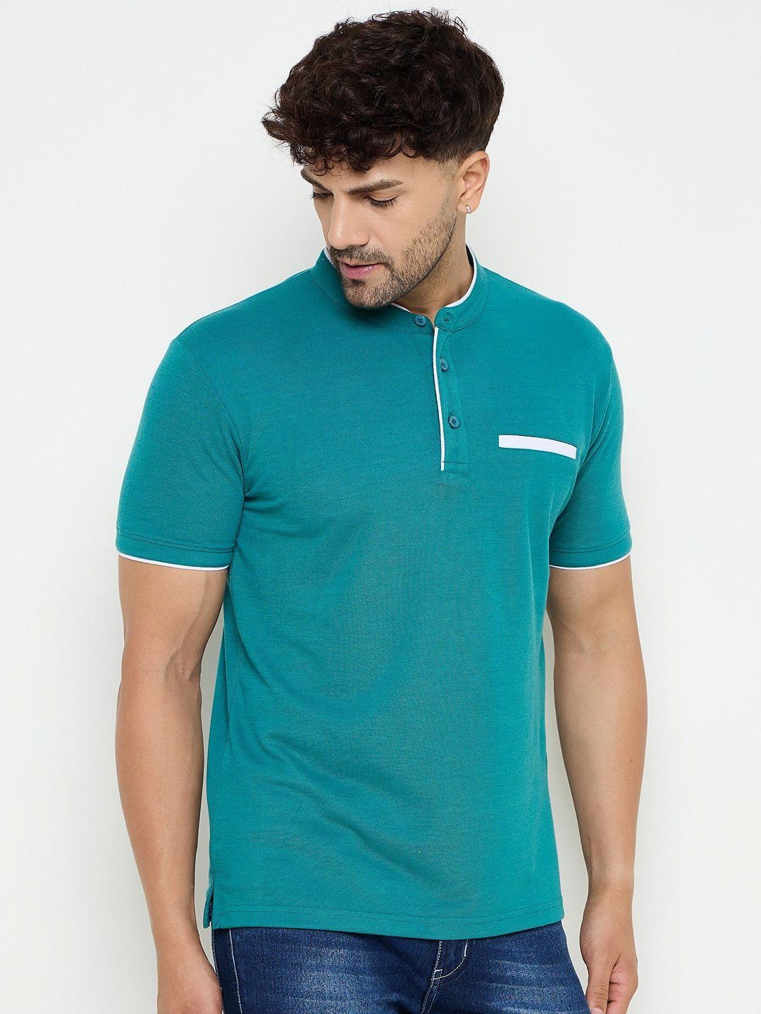 Zigo Men Mandarin Collar Pockets T-shirt