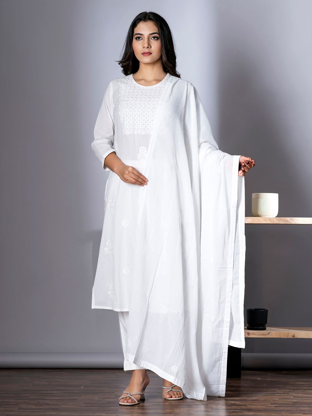 Readiprint Women Embroidered Regular Chikankari Kurta with Palazzos & With Dupatta