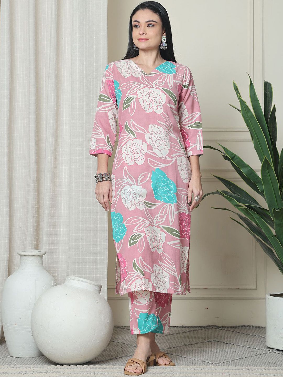 Roly Poly Floral Printed V-Neck Pure Cotton Tunic With Trouser
