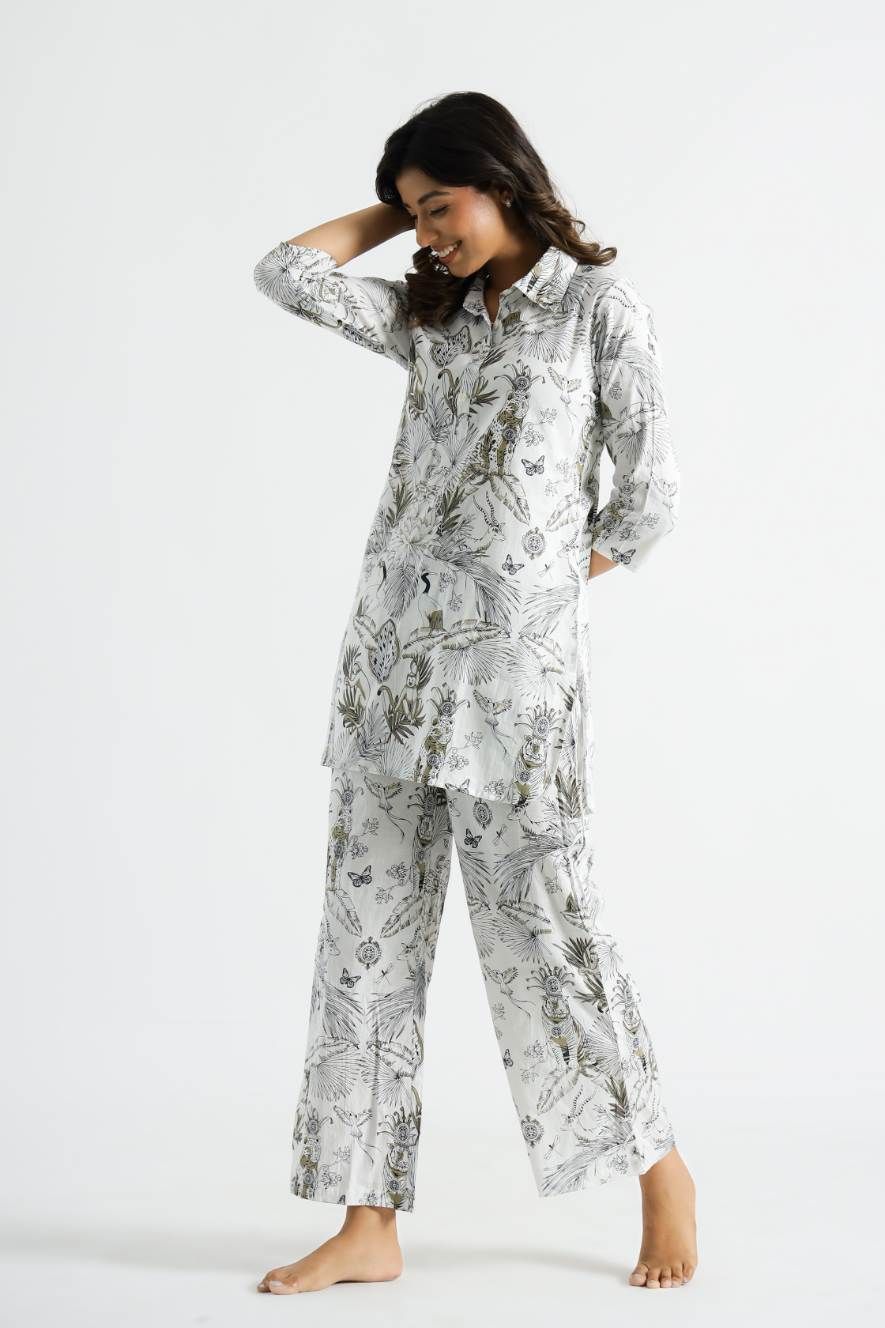 FLAVIA CREATION Floral Printed Shirt Collar Pure Cotton Tunic With Trousers