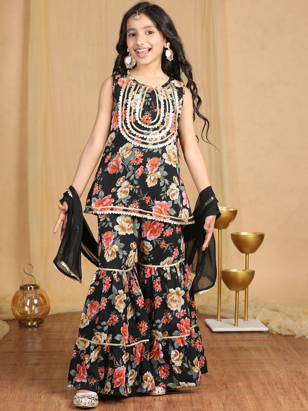Girls Floral Embroidered Empire Sequinned Kurta with Sharara & With Dupatta 5