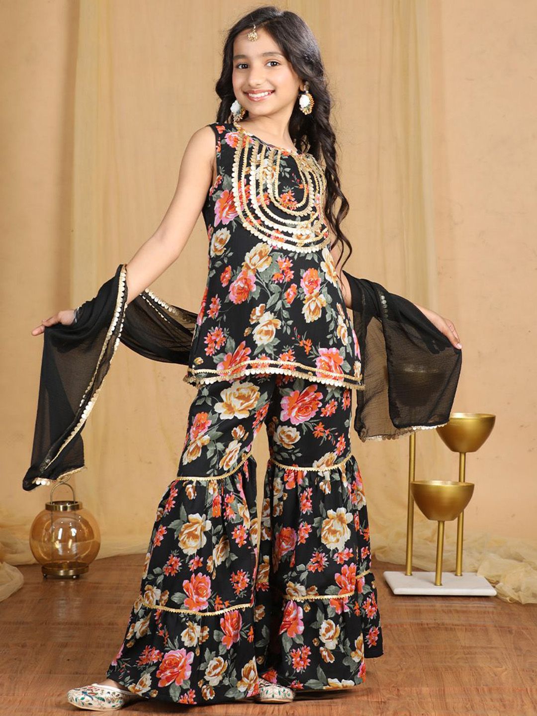 Girls Floral Embroidered Empire Sequinned Kurta with Sharara & With Dupatta 6