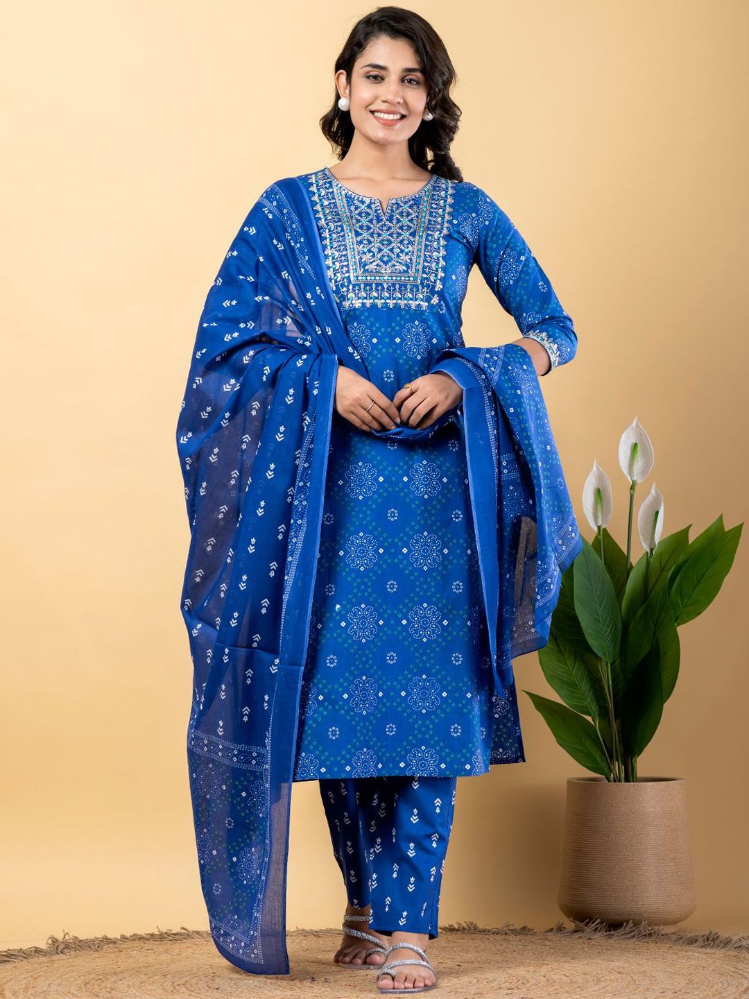 KALINI Women Floral Embroidered Regular Sequinned Pure Cotton Kurta with Trousers & With Dupatta