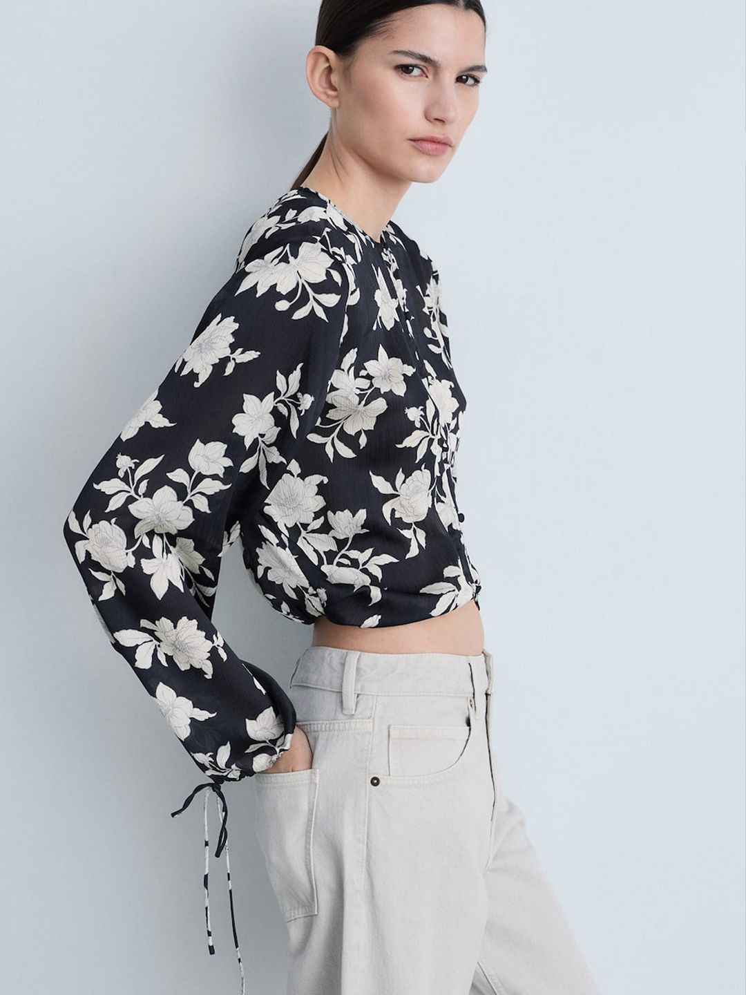 MANGO Floral Print Satin Crop Blouson Top