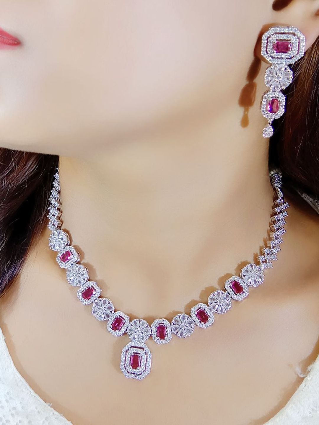 Ladymania Silver - Plated American Diamond Elegant Jewellery Set
