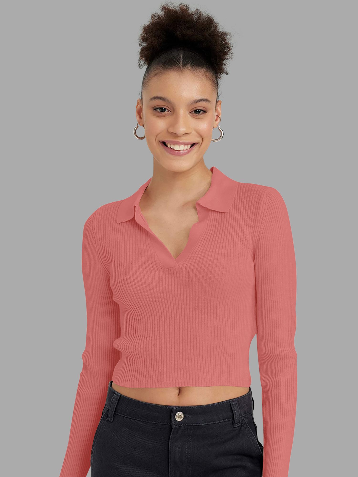 Dream Beauty Fashion Women Ribbed Shirt Collar Long Sleeves Fitted Top