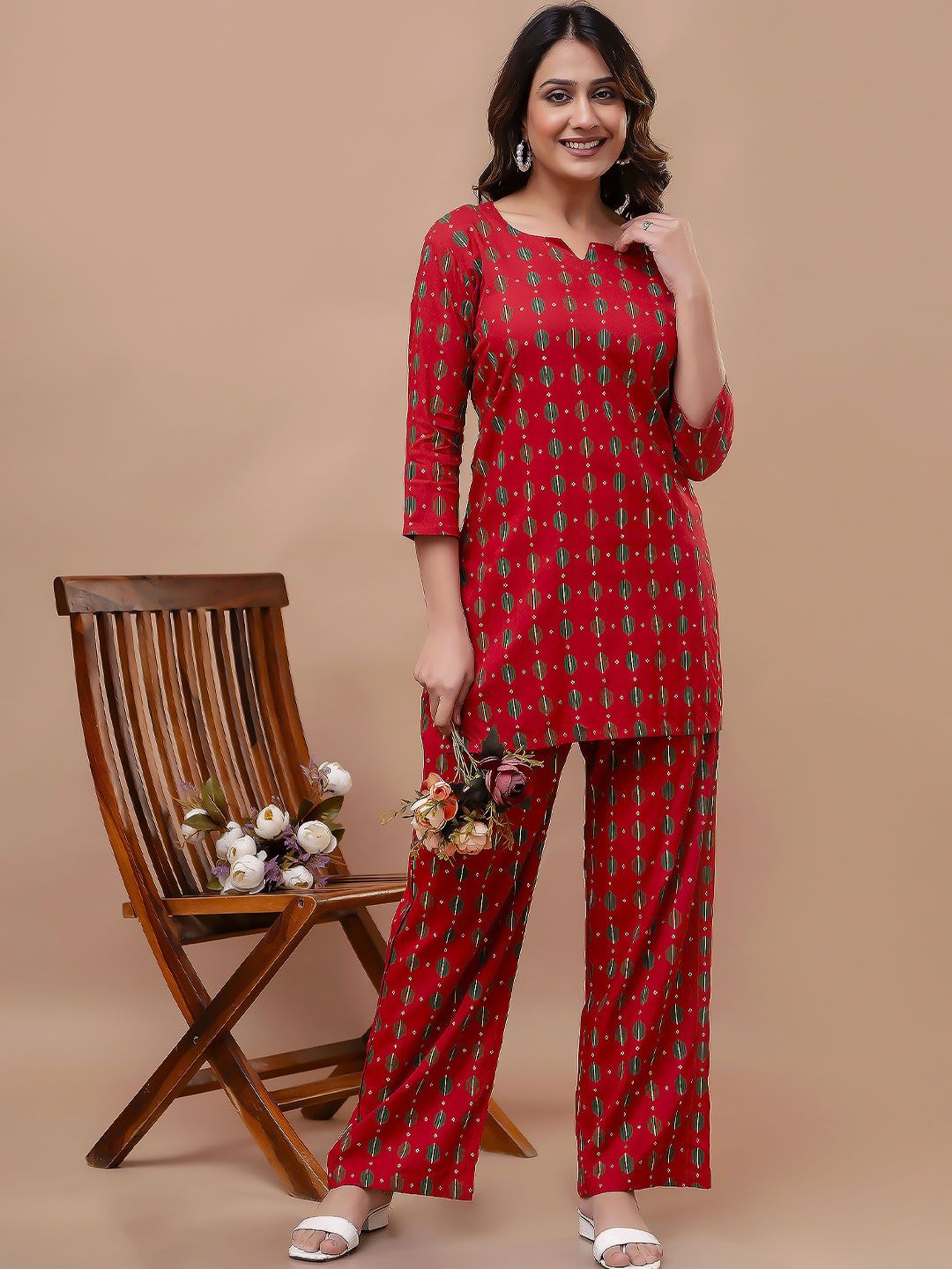 FEMARY Printed Round Neck Top With Trousers Co-Ords