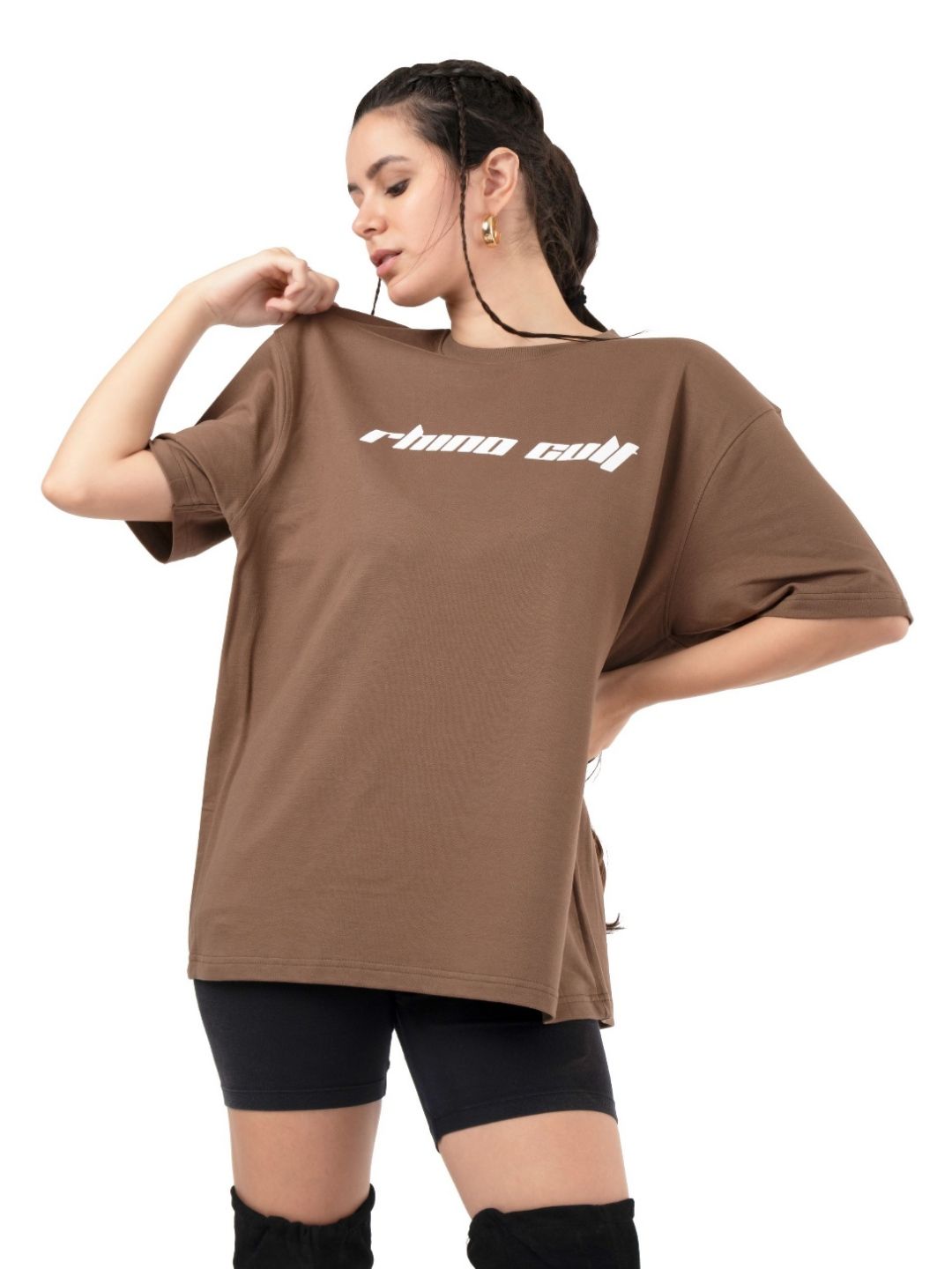RHINO CULT Women Typography Printed Extended Sleeves Oversized T-shirt