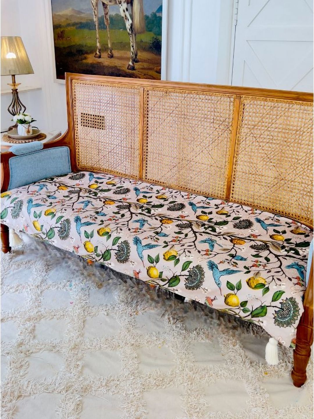 THROWPILLOW Lemon Bird Print 2 Seater Sofa Cover With Corner Tassels-Size 47x26 Inch