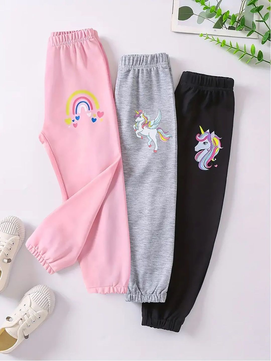 Girls Pack of 3 Printed Cotton Regular Fit Track Pants