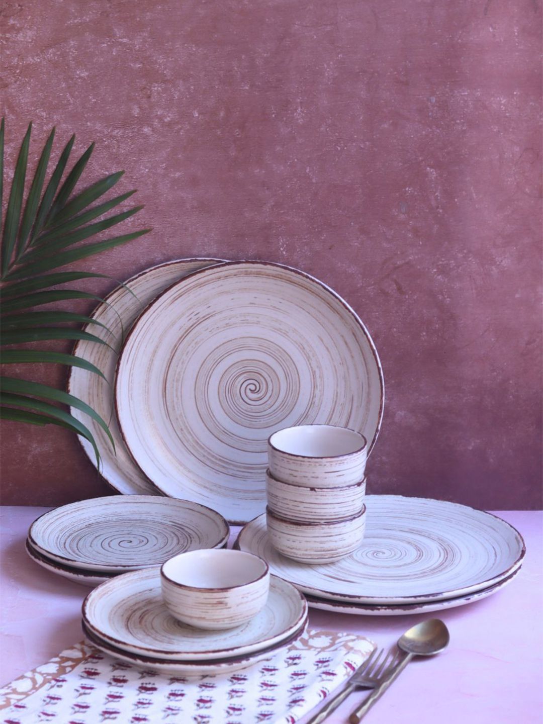 WEAVING HOMES Brown & White 12 Pieces Printed Ceramic Matte Dinner Set