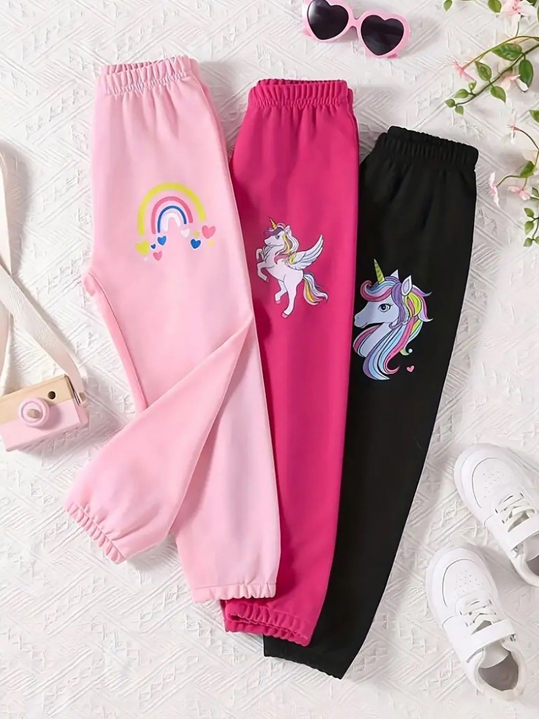 Girls Pack of 3 Printed Cotton Regular Fit Track Pants
