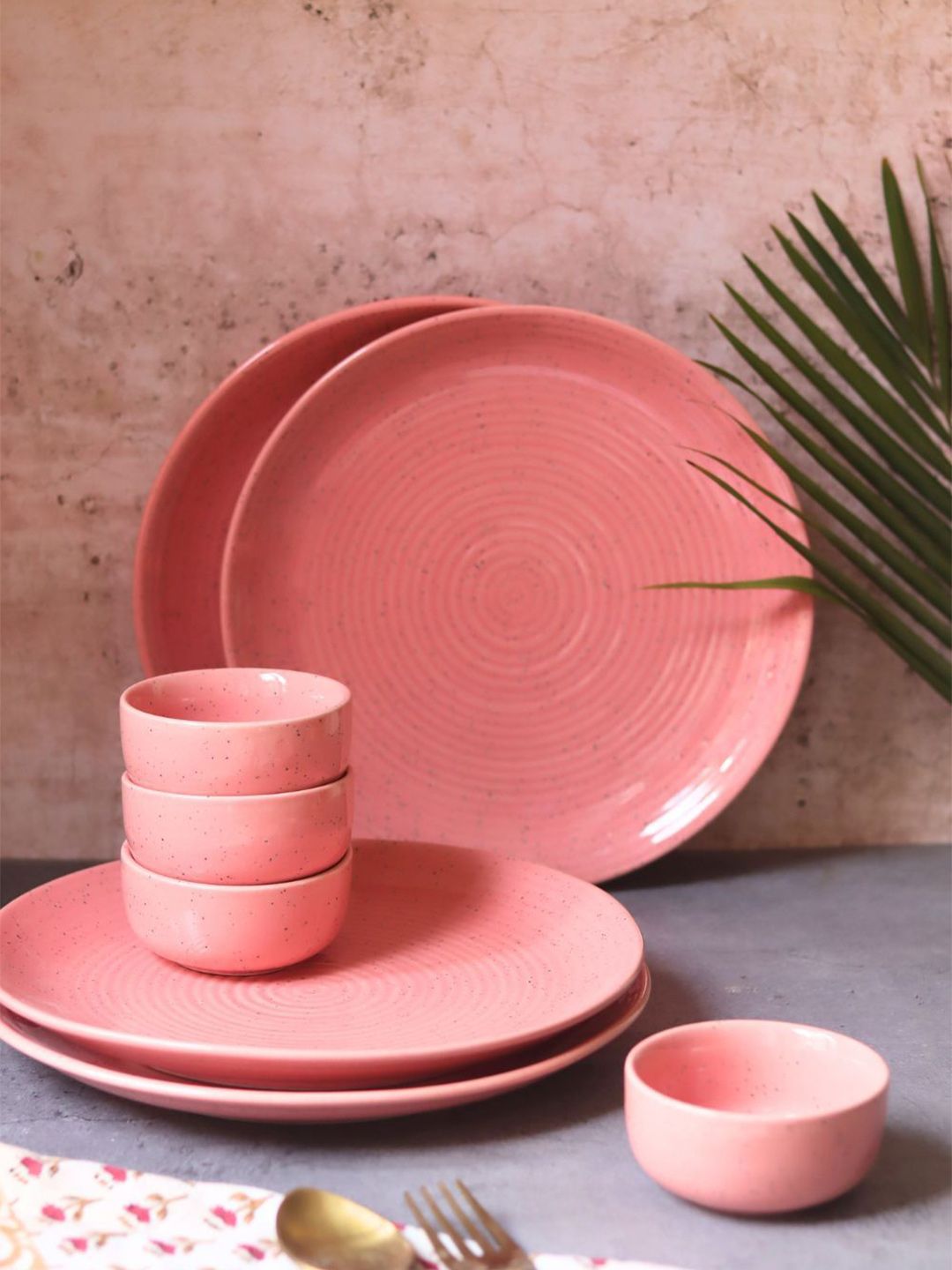 WEAVING HOMES Rosy Pink 8 Pieces Printed Ceramic Glossy Dinner Set-120 ml Each