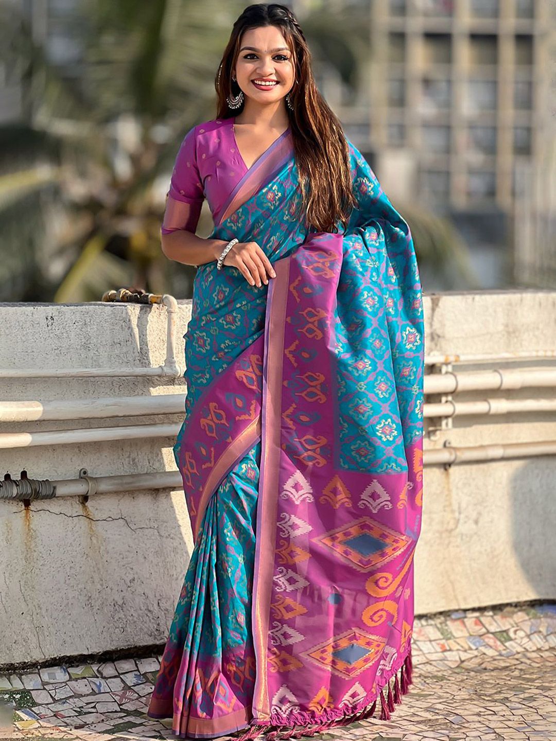 all about you Woven Design Zari Silk Blend Patola Saree