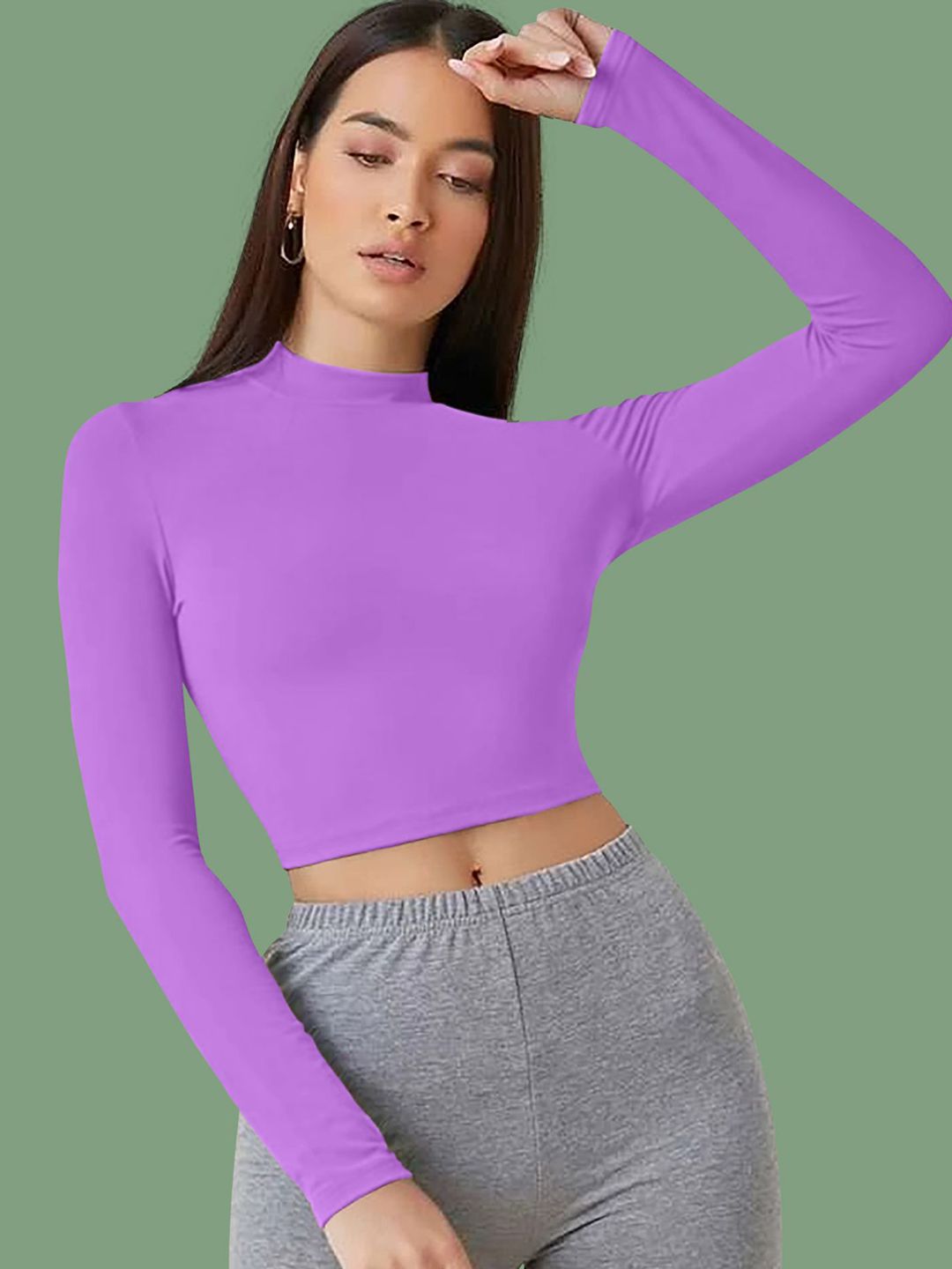 Dream Beauty Fashion  Solid Round Neck Long Sleeves Fitted Crop Top