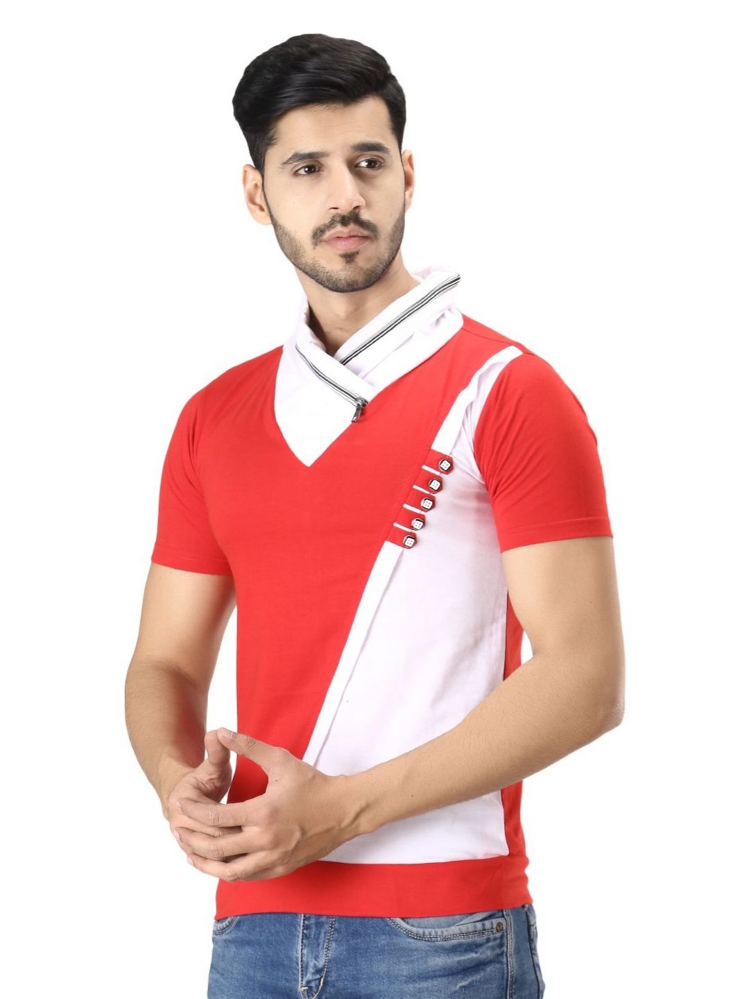 Black Collection Men Colourblocked V-Neck T-shirt