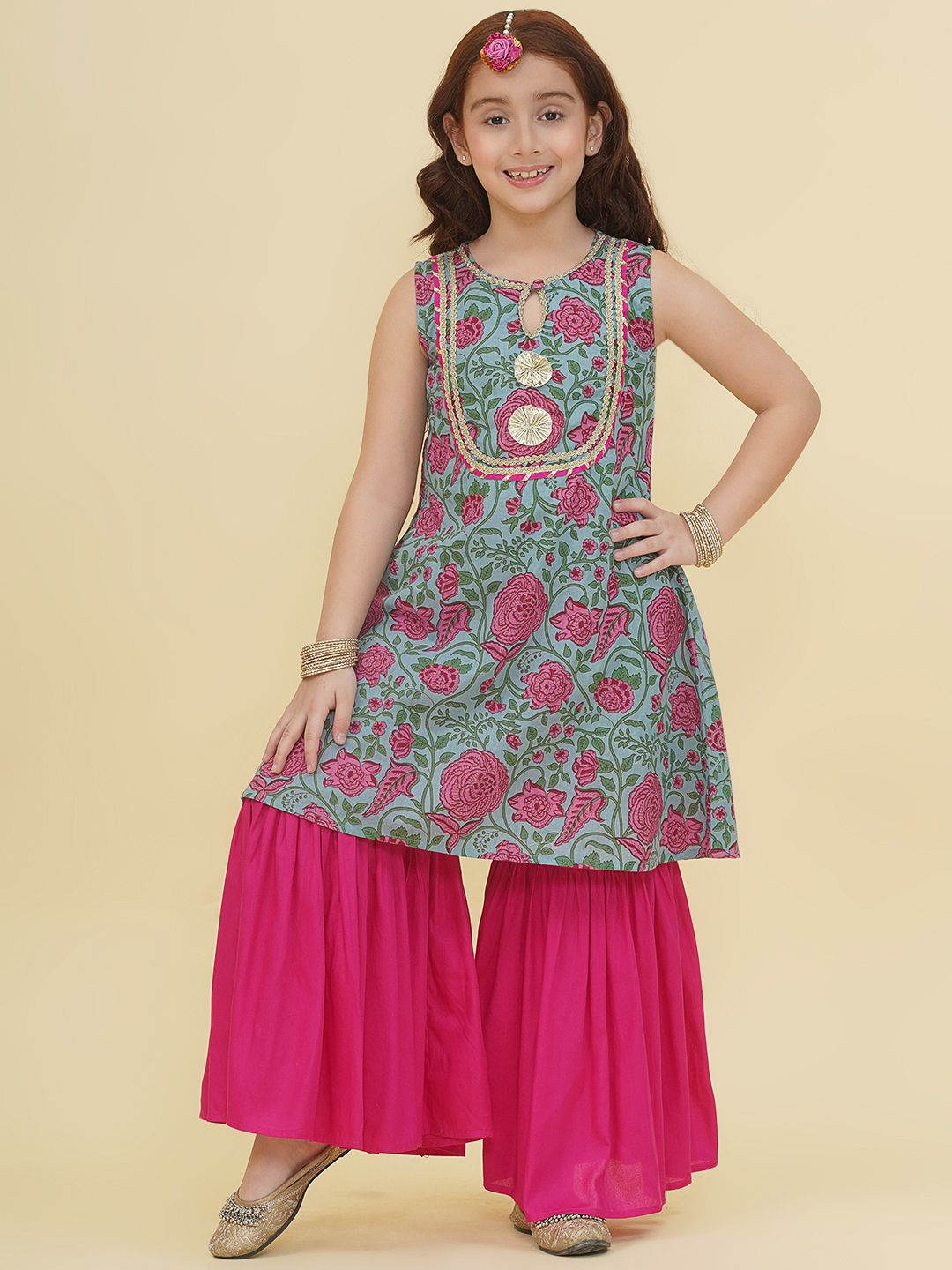 Bitiya by Bhama Girls Ethnic Motifs Printed Panelled Gotta Patti Pure Cotton Kurta with Sharara