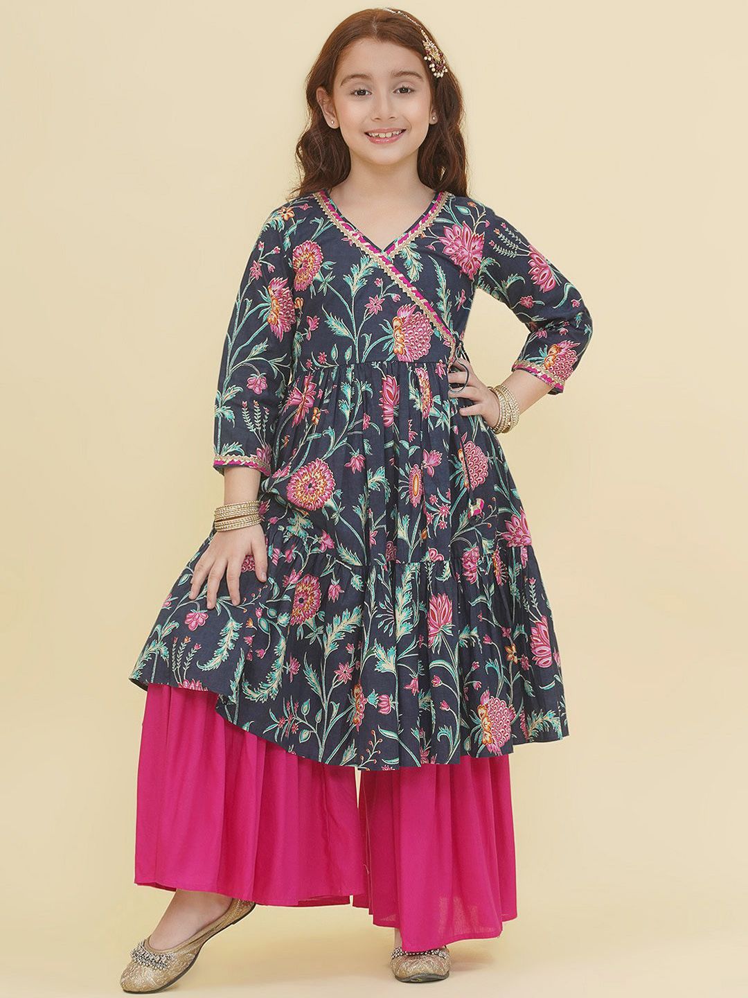 Bitiya by Bhama Girls Ethnic Motifs Printed Angrakha Gotta Patti Pure Cotton Kurta with Sharara