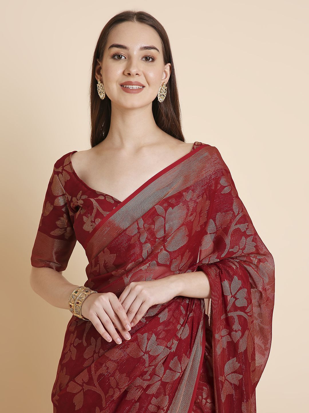 RATAN Women Shimmer Brasso Floral Saree With Running Blouse Piece