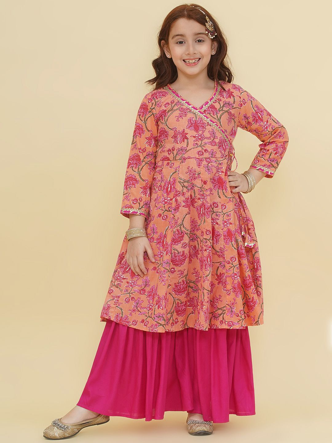 Bitiya by Bhama Girls Ethnic Motifs Printed Angrakha Gotta Patti Pure Cotton Kurta with Sharara