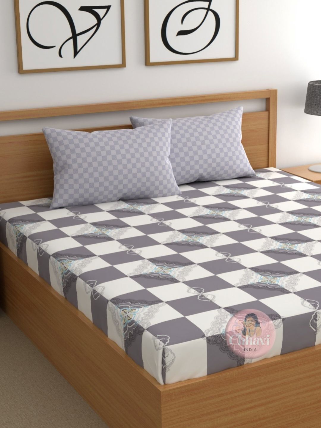 CHHAVI INDIA Grey Geometric Microfiber Breathable 210 TC King Fine Bedsheet with 2 Pillow Covers-98 x 89 inches