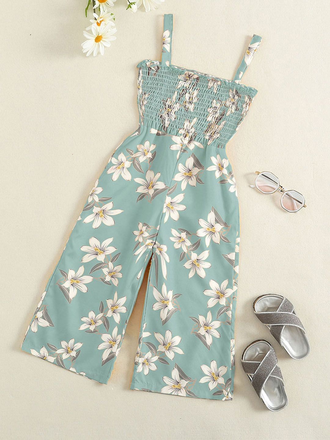 Girls Sea Green Floral Print Smocked Full Length Jumpsuit 2