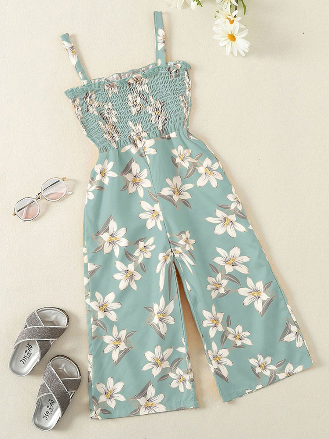 Girls Sea Green Floral Print Smocked Full Length Jumpsuit
