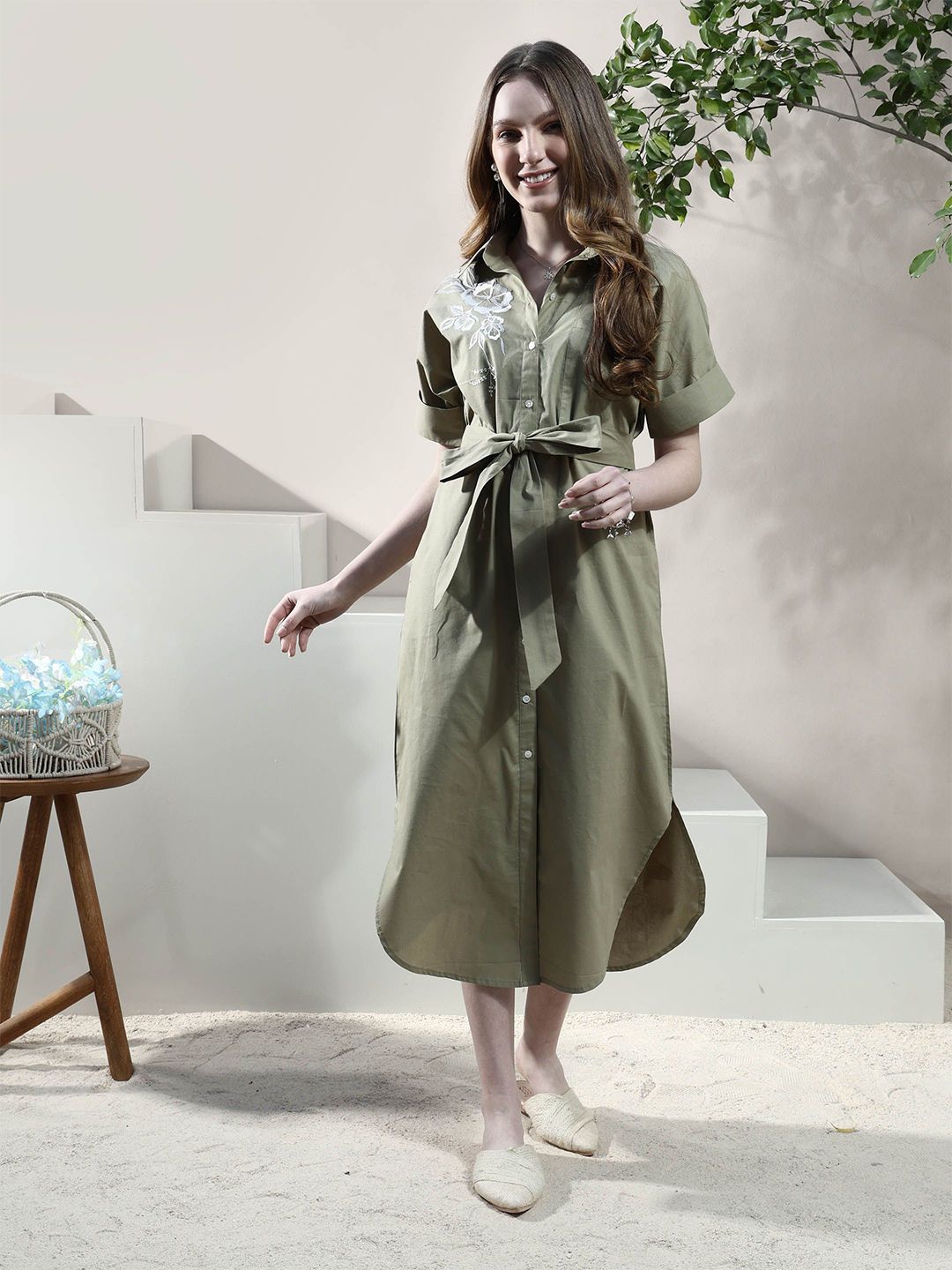 Boho By Athena Floral Embroidered Shirt Midi Dress