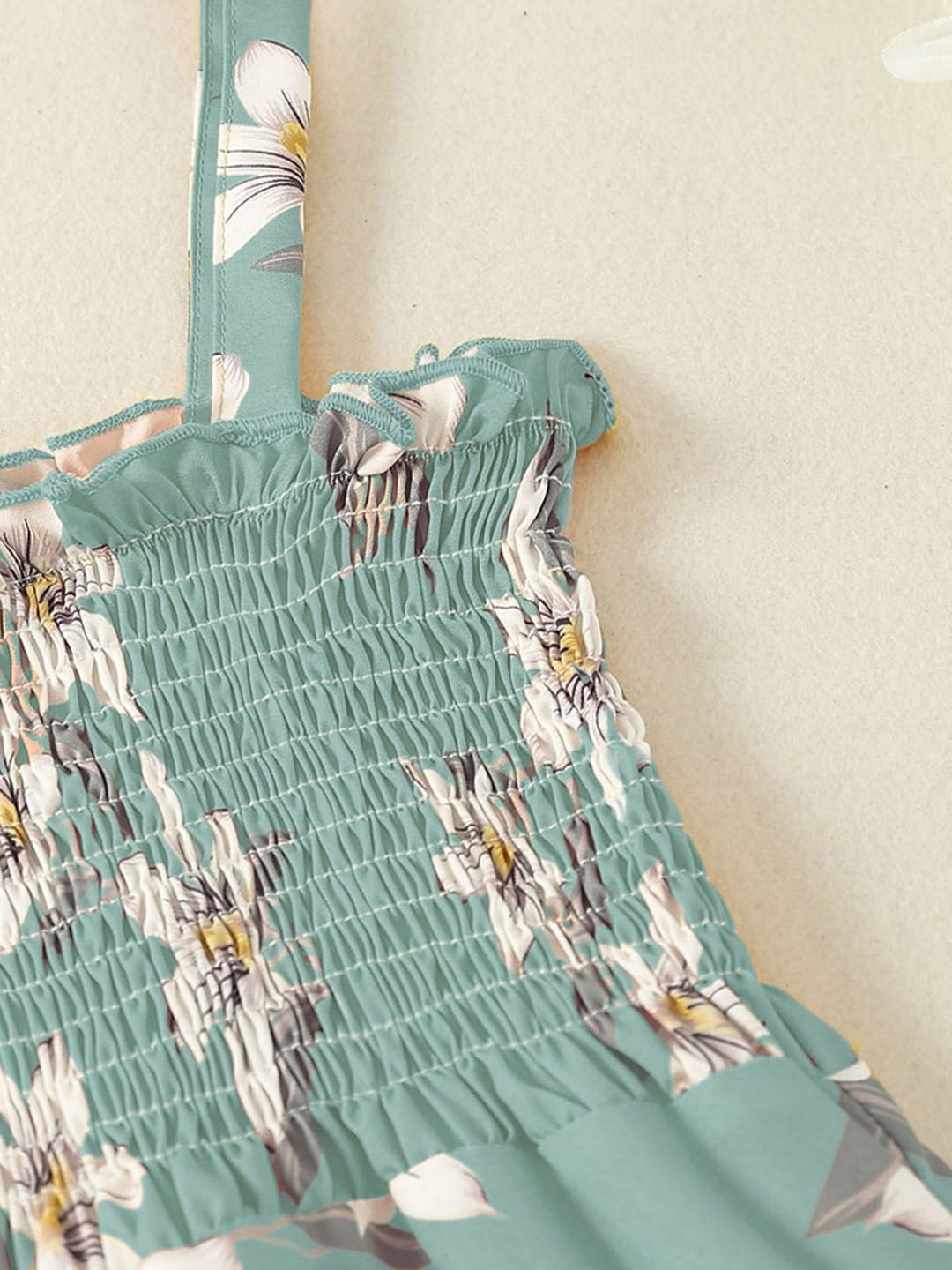 Girls Sea Green Floral Print Smocked Full Length Jumpsuit 3