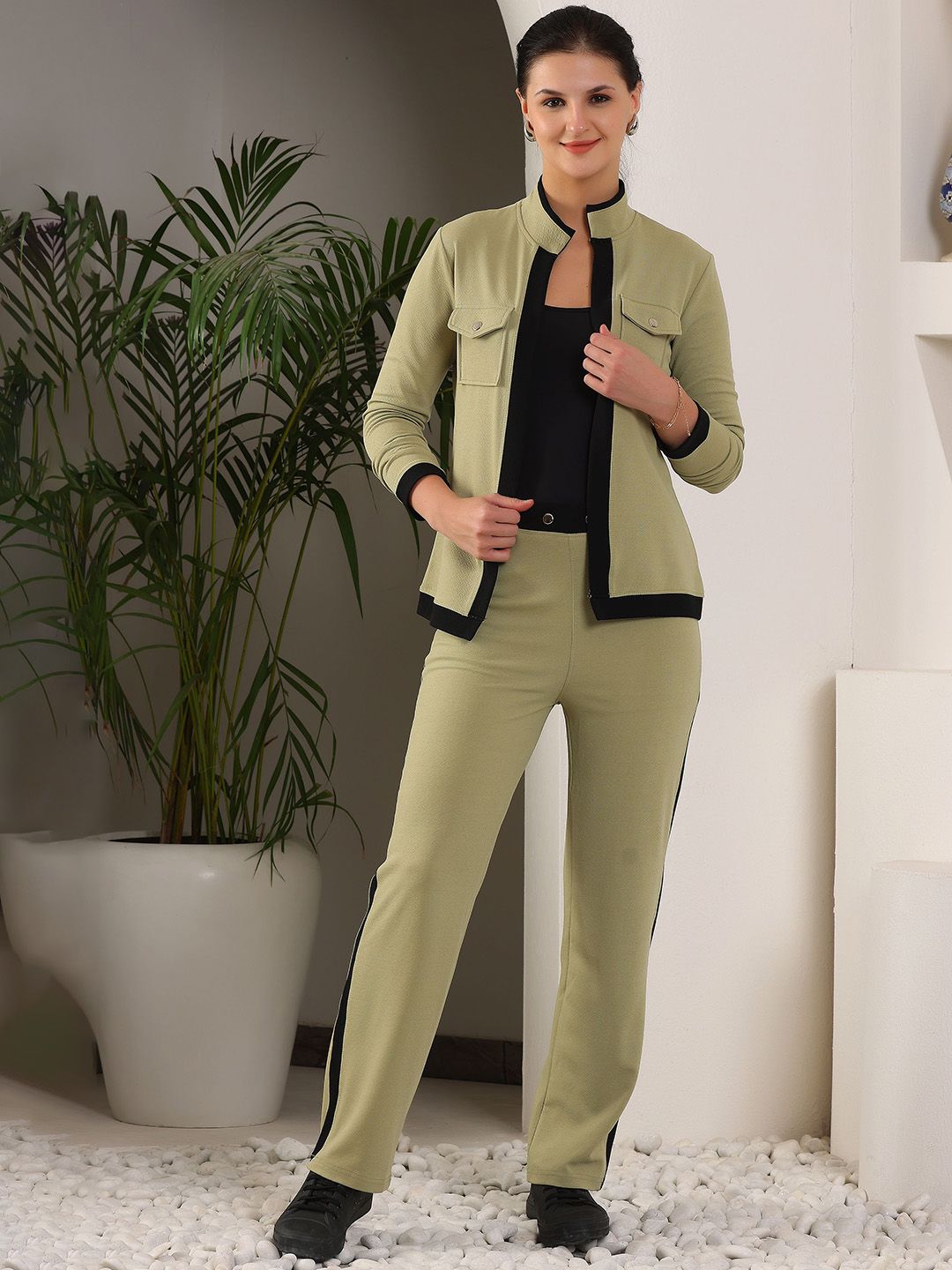 Zicada Women Self Design Mock Collar Track Suit