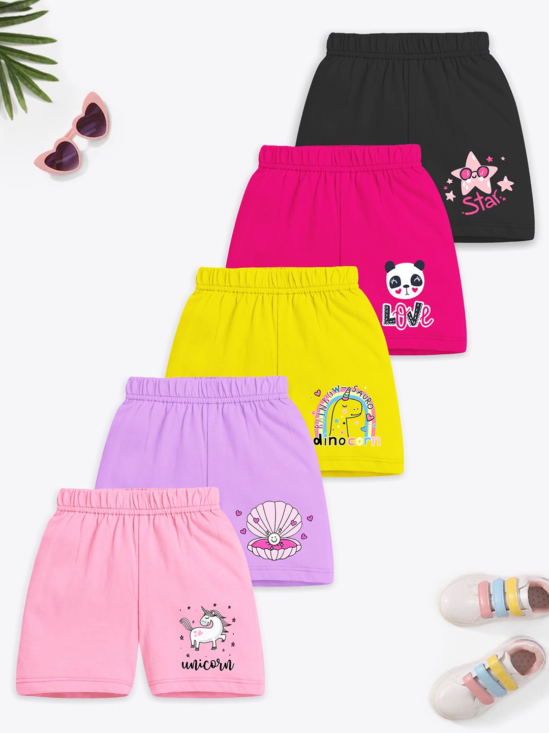YK X Trampoline Girls Pack of 5 Regular Fit Mickey & Friends Printed Shorts