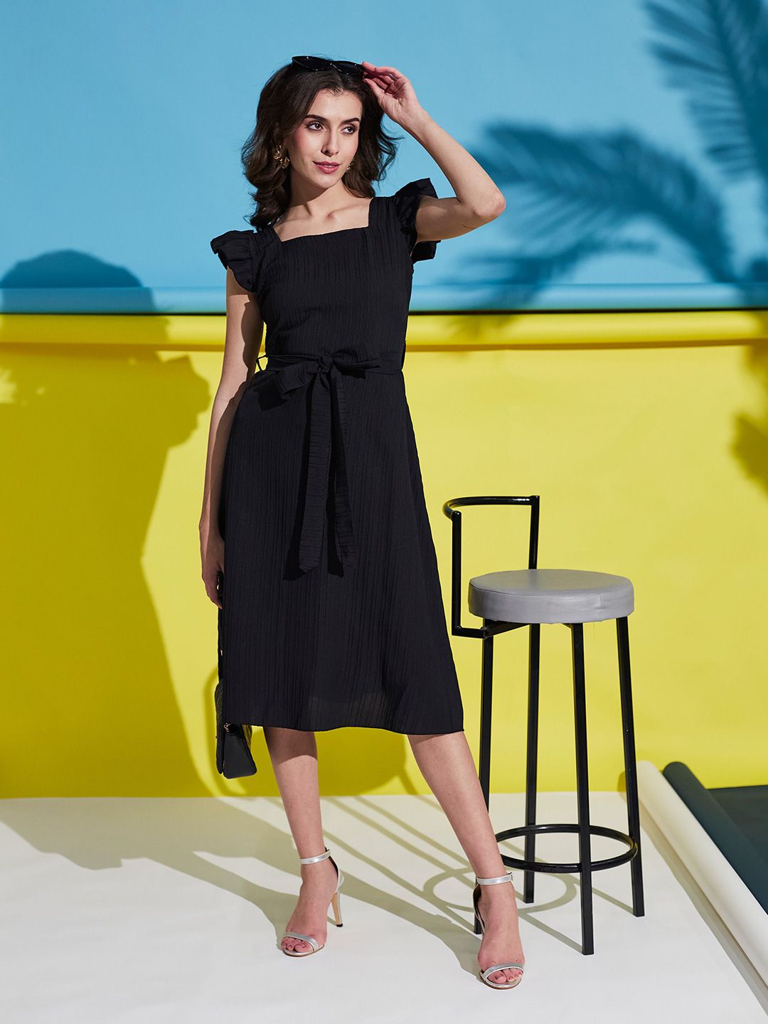 YANAMORA Square Neck Flutter Sleeves A-Line Midi Dress With Tie-Ups